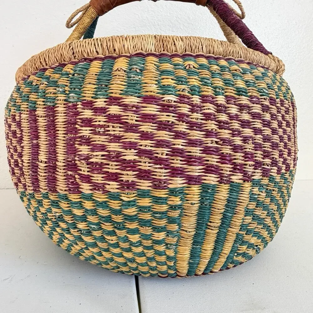 Vintage Handwoven African Bolga Market Basket Leather Handle Ghana Woven Tote 15